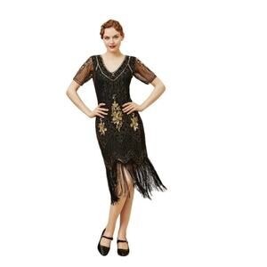 BABEYOND Vintage Paisley Flapper Fringe Dress Size  L Black 1920'S